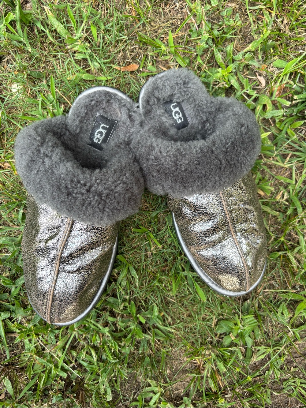 UGG Metallic Charcoal Shearling Cuff Slip-On Slippers